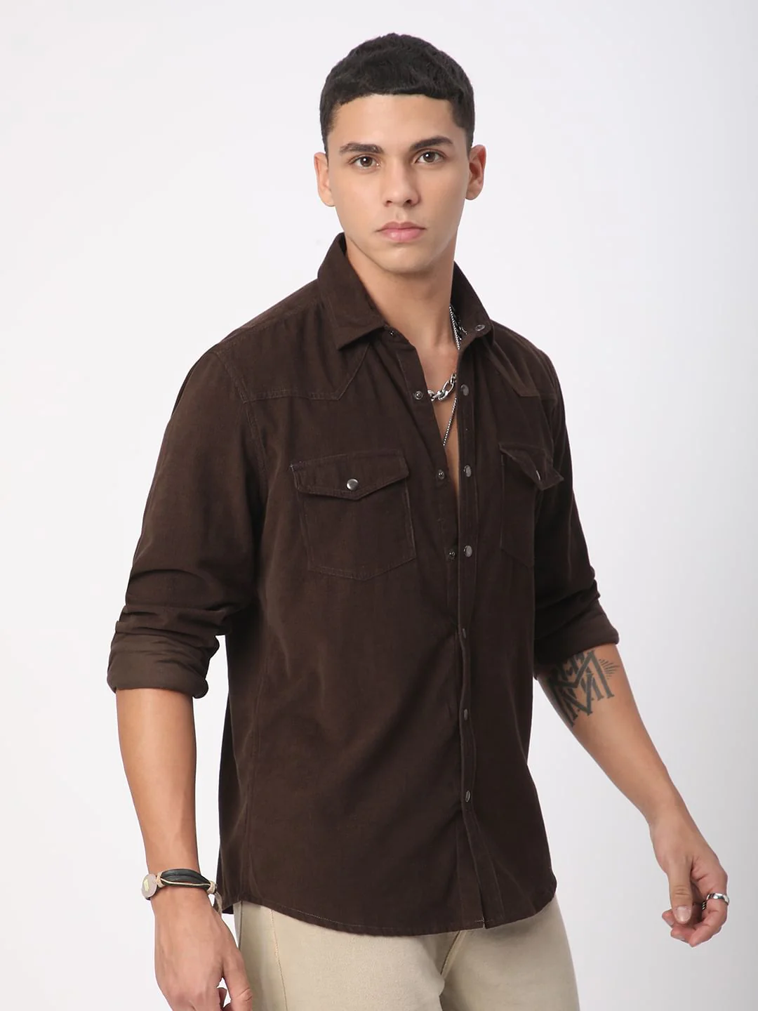 Finesse Umber Brown Double Flap Pocket Corduroy Overshirt - Image 7