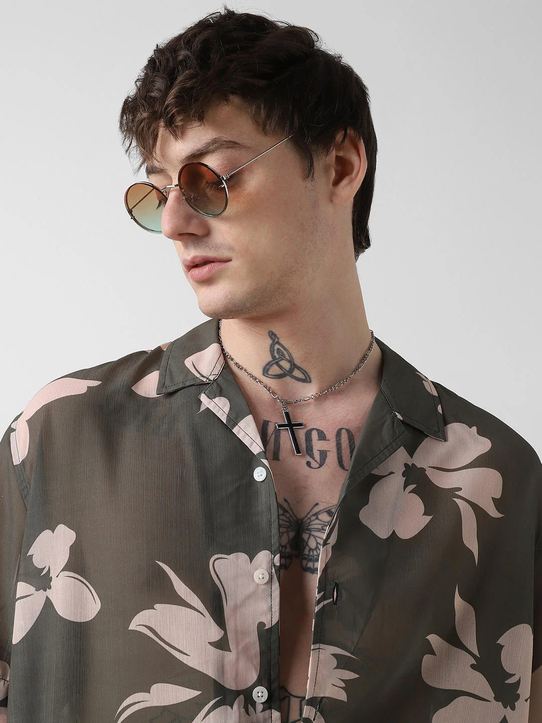 Floral Artistry Olive Oversized Chiffon Shirt