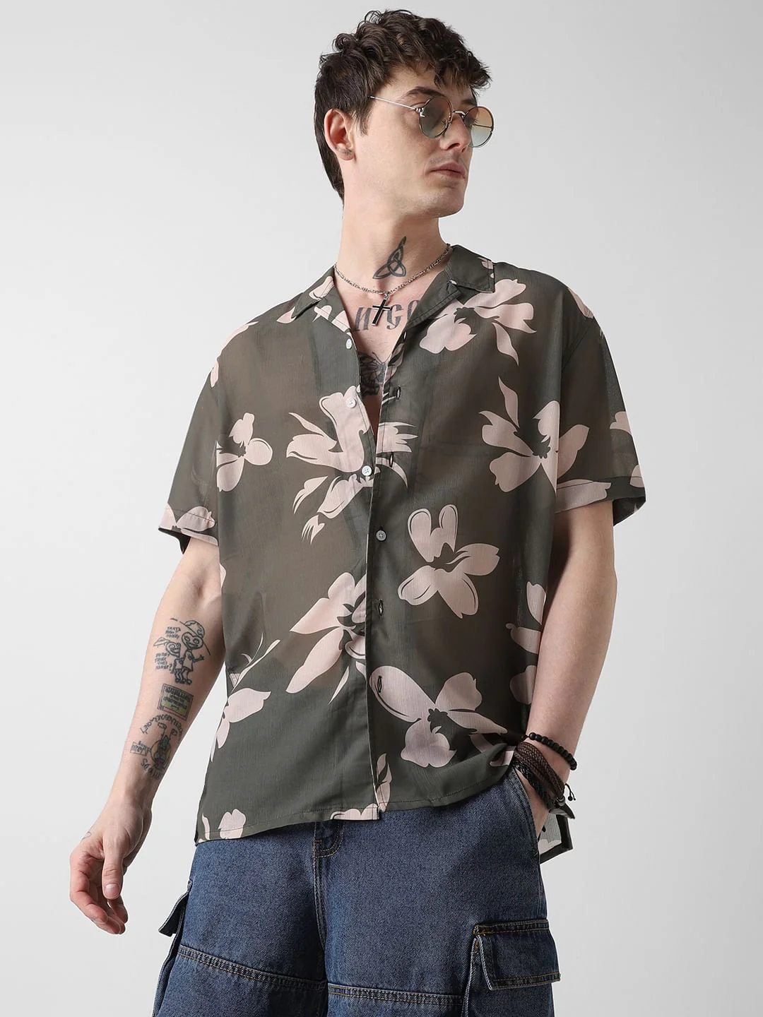 Floral Artistry Olive Oversized Chiffon Shirt - Image 4