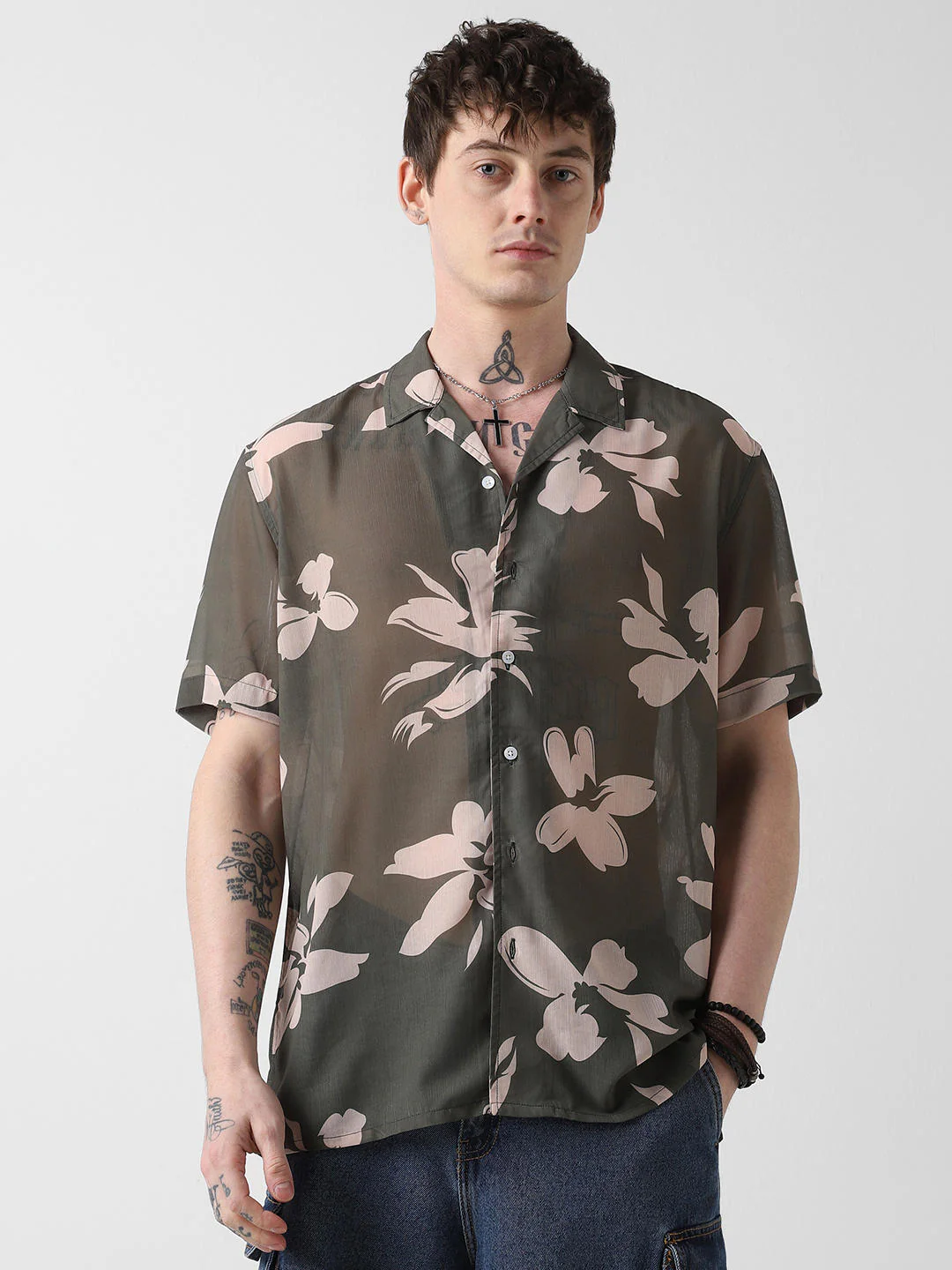 Floral Artistry Olive Oversized Chiffon Shirt - Image 5