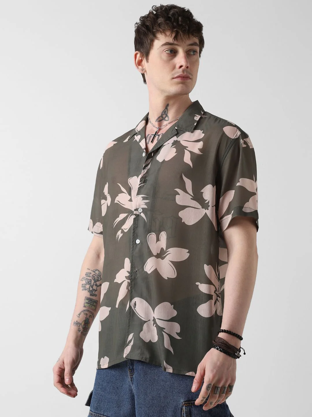 Floral Artistry Olive Oversized Chiffon Shirt - Image 6
