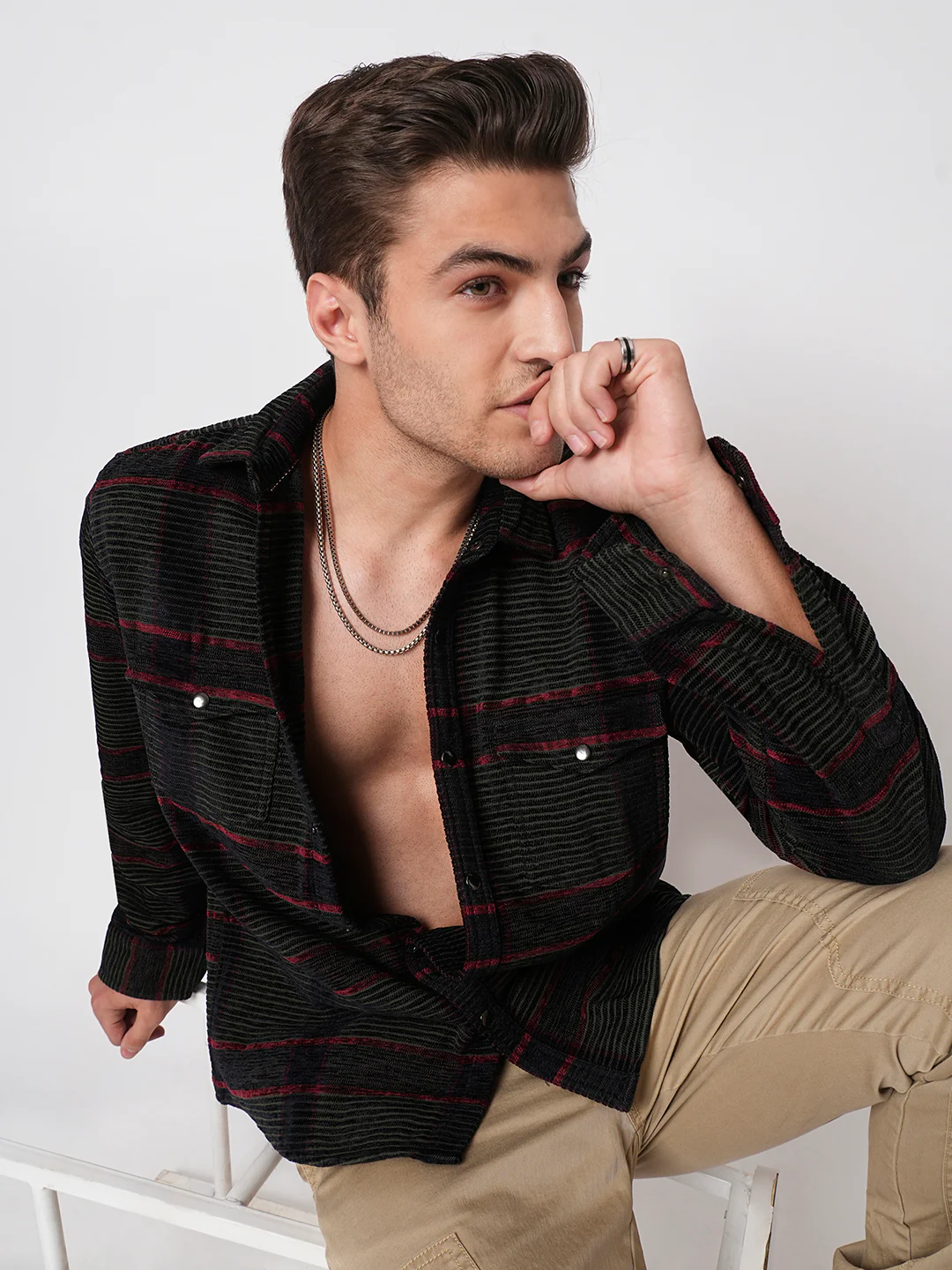 Forest Green Checks Double Flap Pocket Corduroy Shirt - Image 4