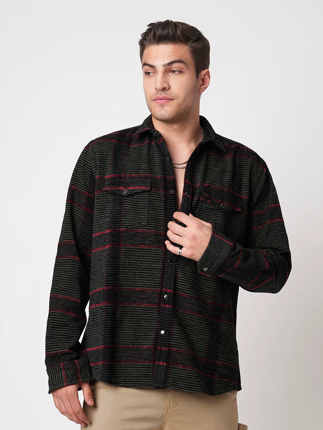 Forest Green Checks Double Flap Pocket Corduroy Shirt - Image 5