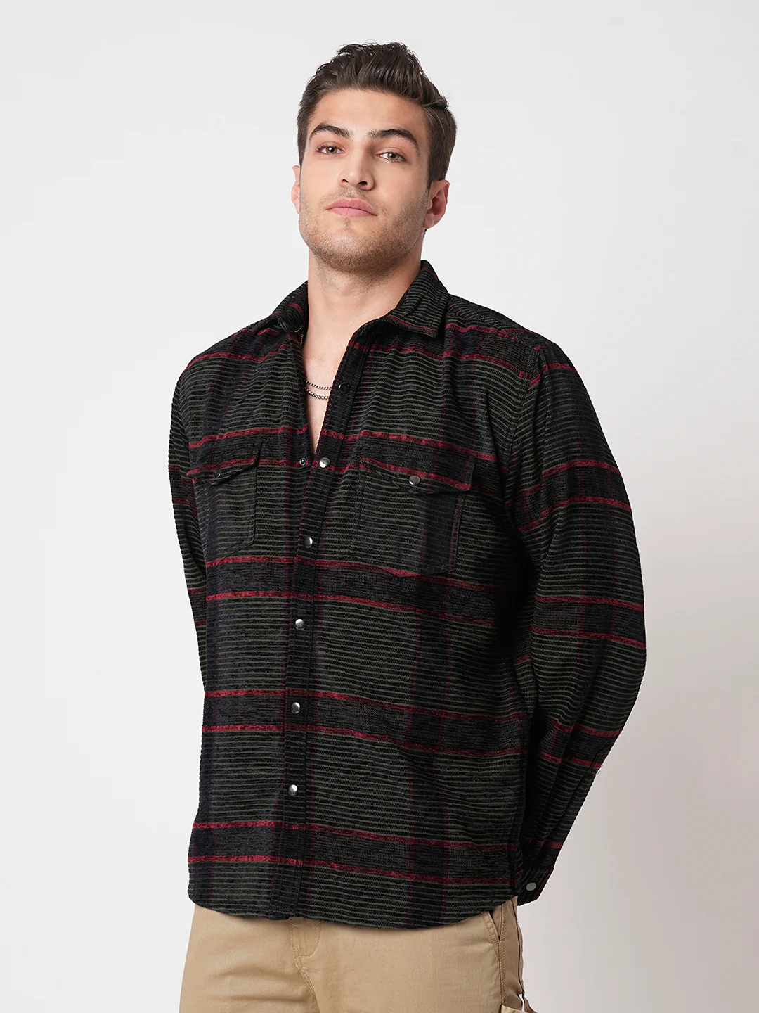 Forest Green Checks Double Flap Pocket Corduroy Shirt - Image 6