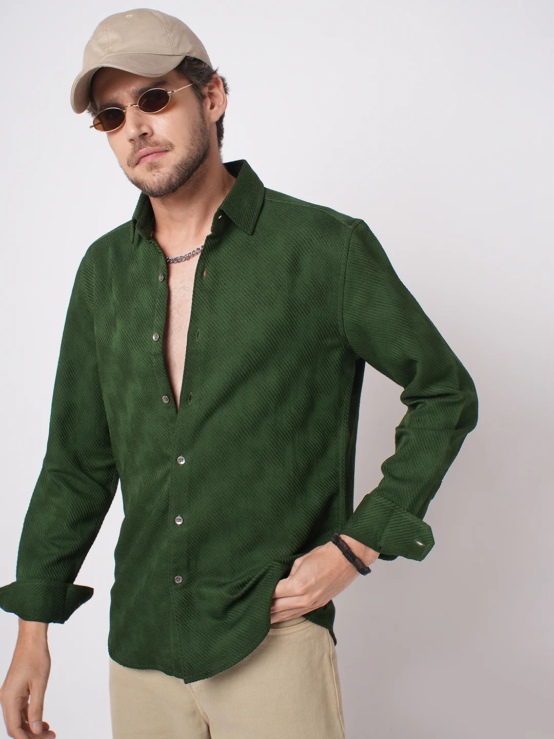 Forest Green Diagonal Striped Textured Shirt
