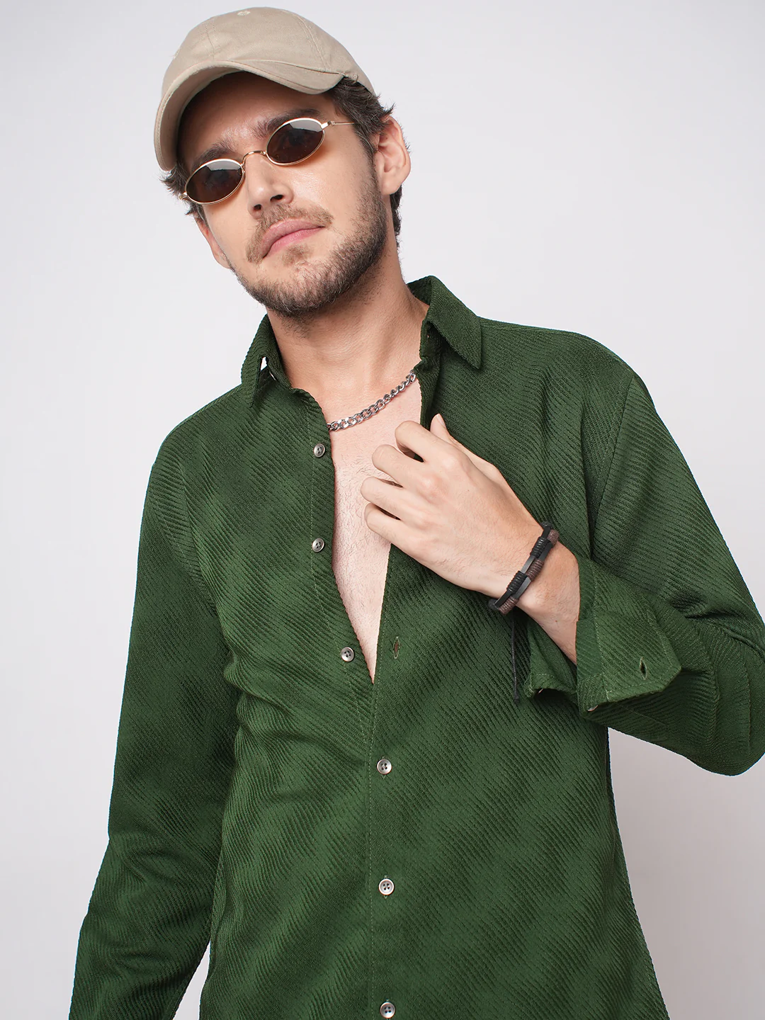 Forest Green Diagonal Striped Textured Shirt - Image 2