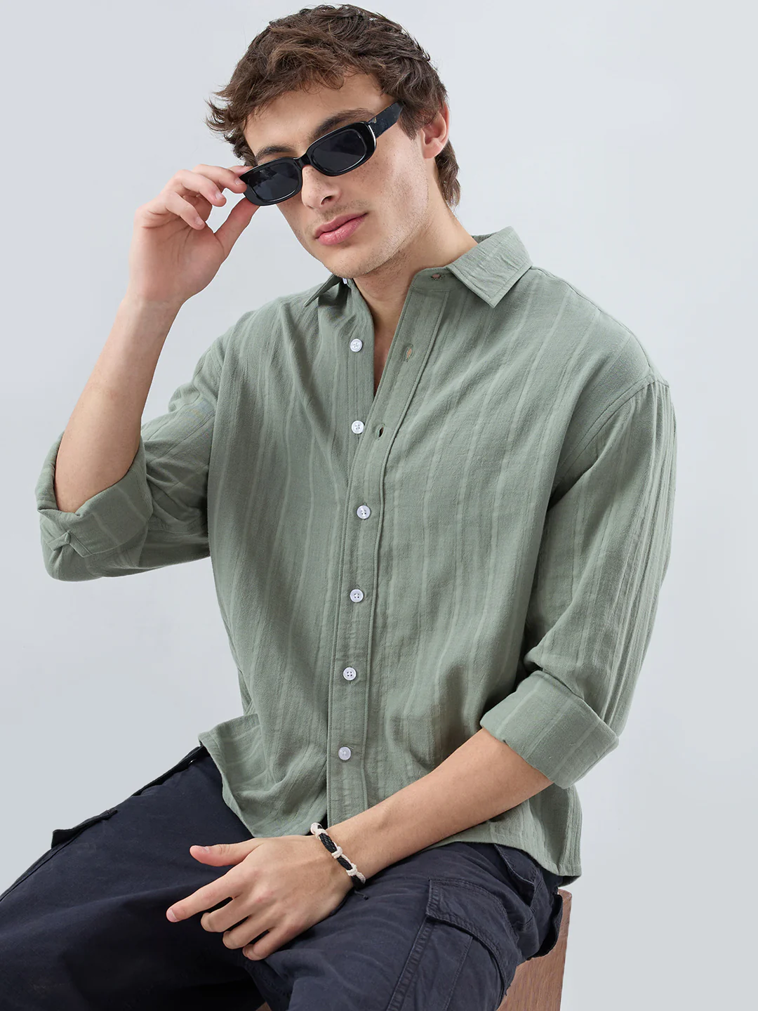 Forest Green Double Cloth Striped Boxy Fit Crop Shirt - Image 2