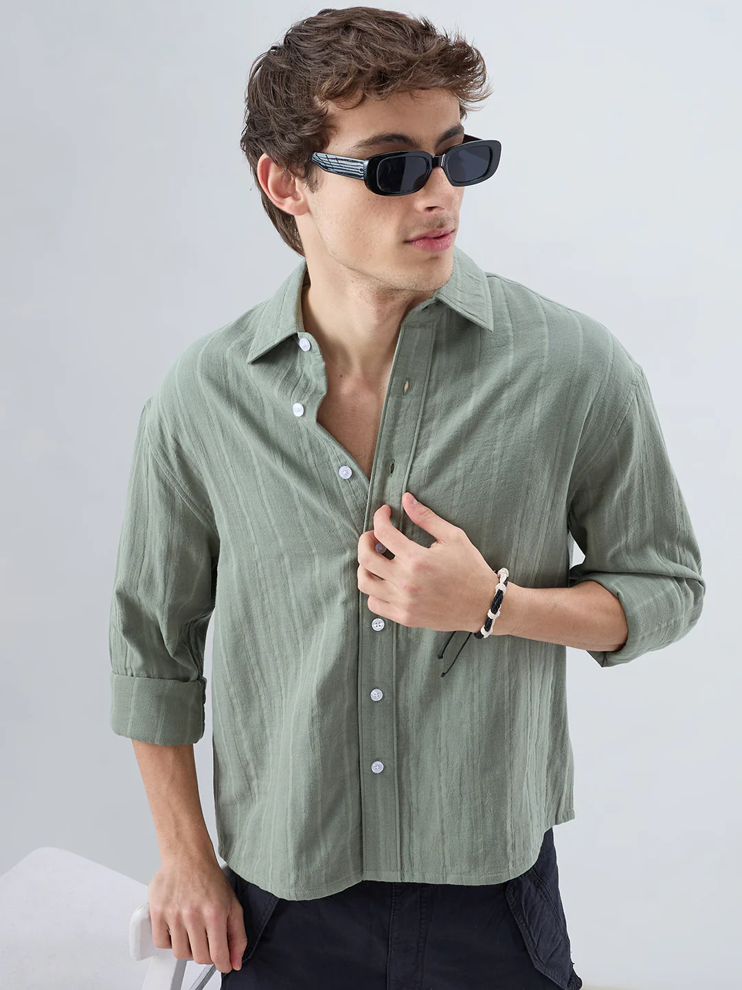 Forest Green Double Cloth Striped Boxy Fit Crop Shirt - Image 4
