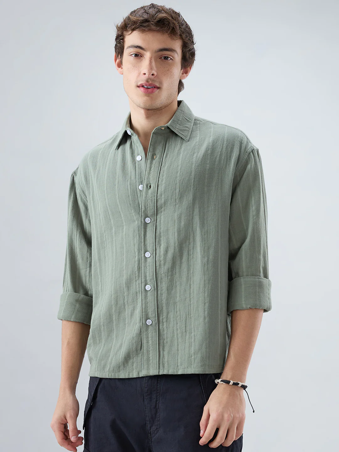 Forest Green Double Cloth Striped Boxy Fit Crop Shirt - Image 5