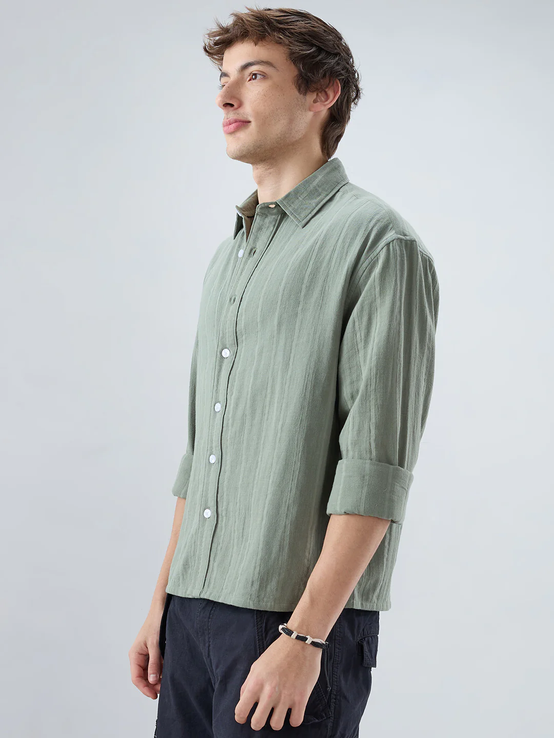 Forest Green Double Cloth Striped Boxy Fit Crop Shirt - Image 6
