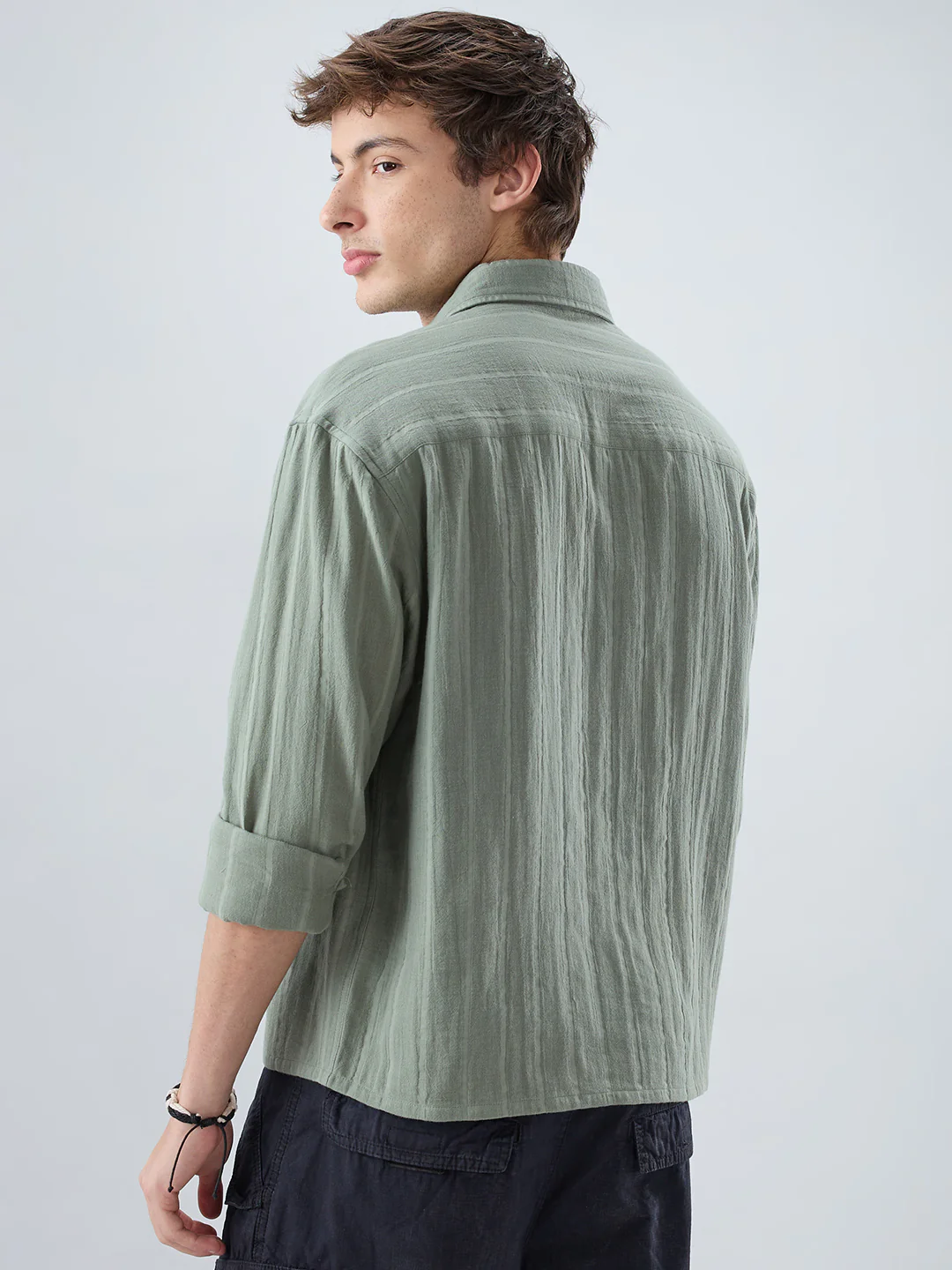 Forest Green Double Cloth Striped Boxy Fit Crop Shirt - Image 7