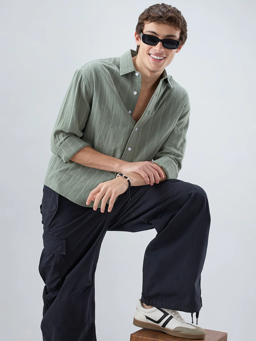 Forest Green Double Cloth Striped Boxy Fit Crop Shirt - Image 8