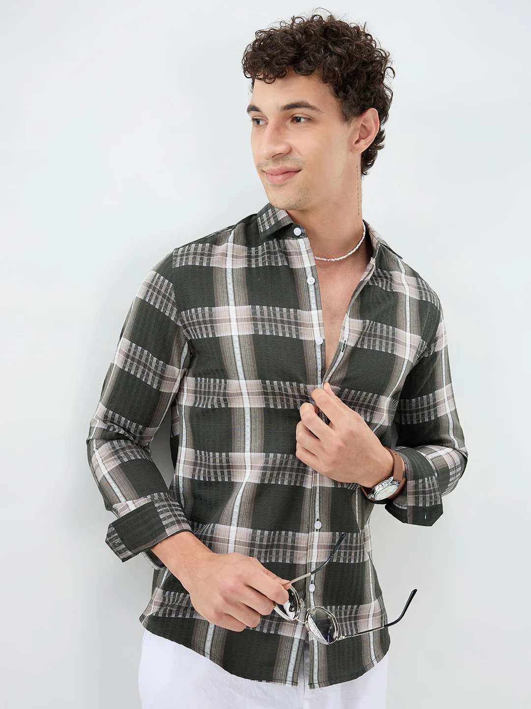 Forest Green Soft Textured Checks Shirt - Image 5