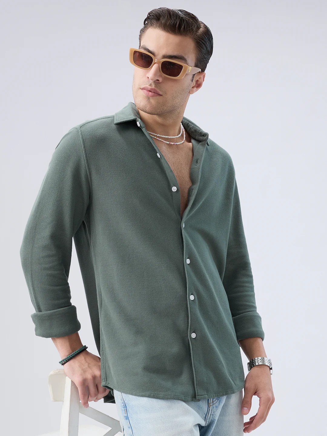 Forest Green Soft Weave Knit Shirt - Image 2