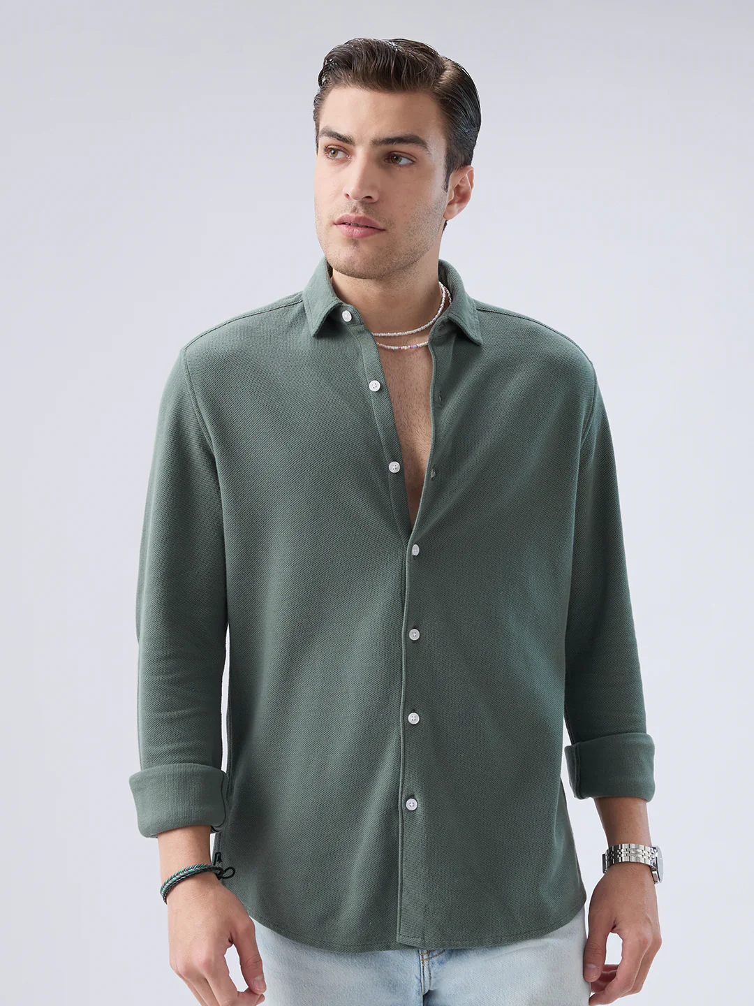 Forest Green Soft Weave Knit Shirt - Image 4