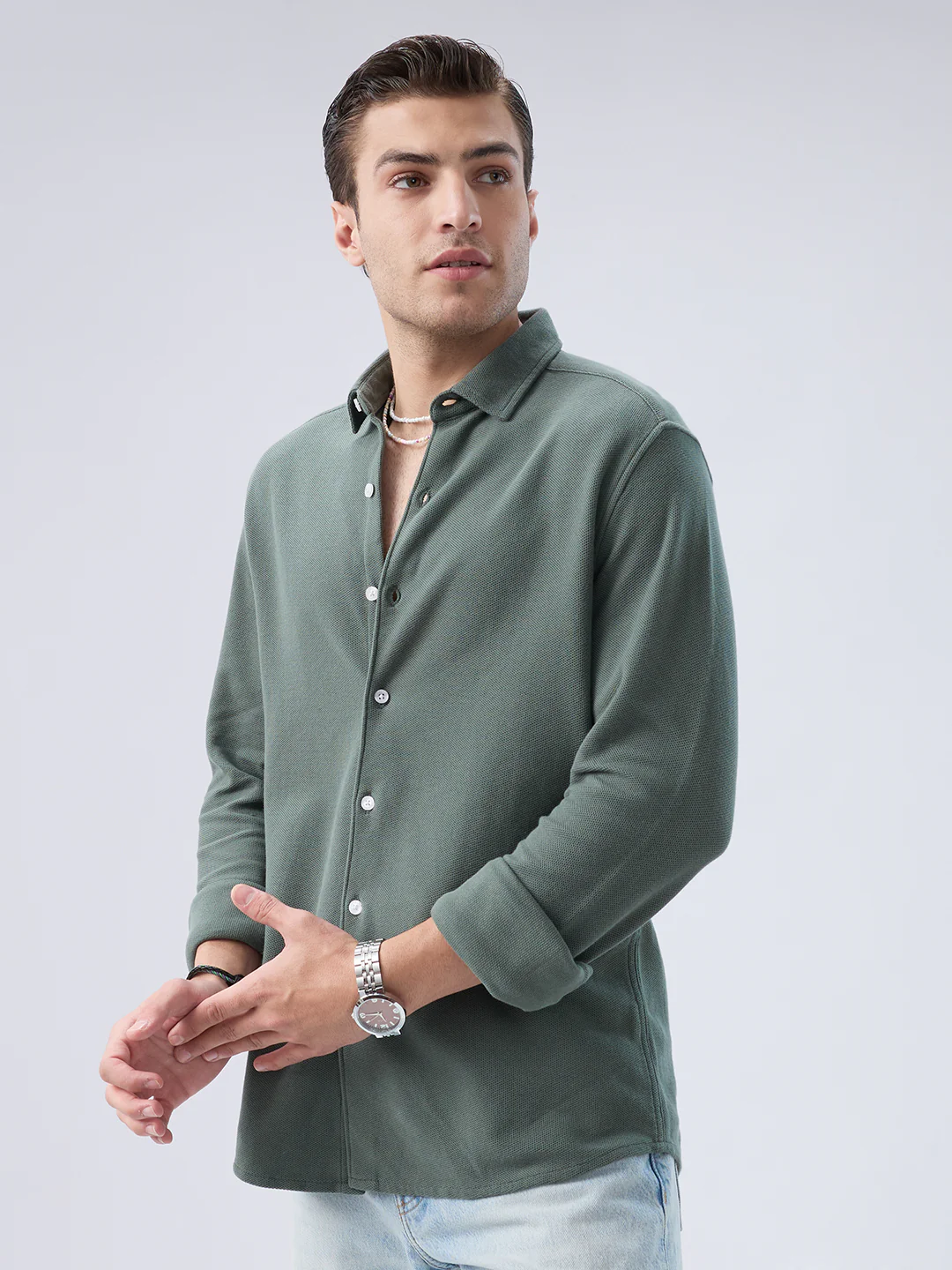 Forest Green Soft Weave Knit Shirt - Image 5