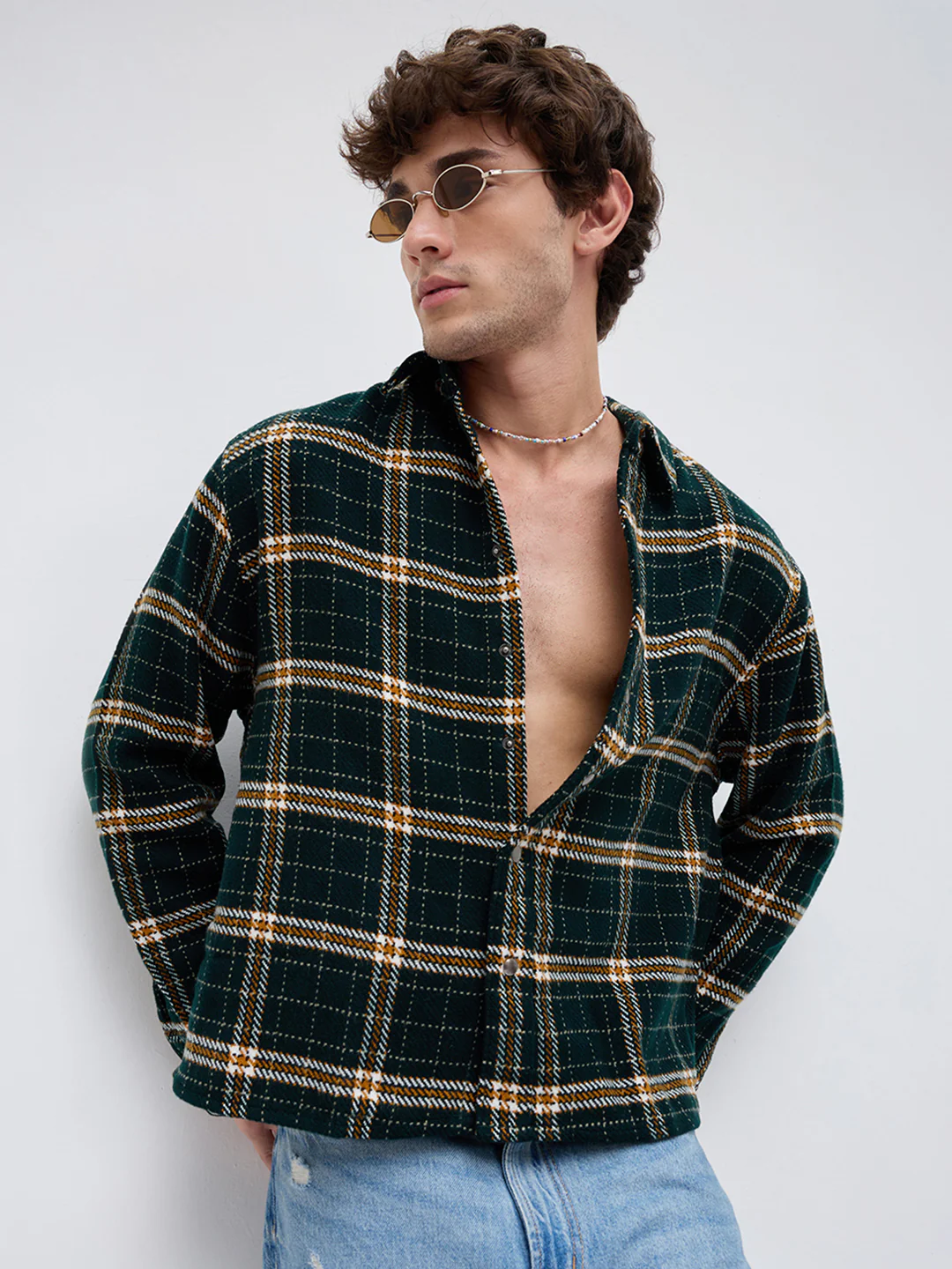 Forest Green Tartan Checked Boxy Fit Crop Flannel Shirt - Image 2