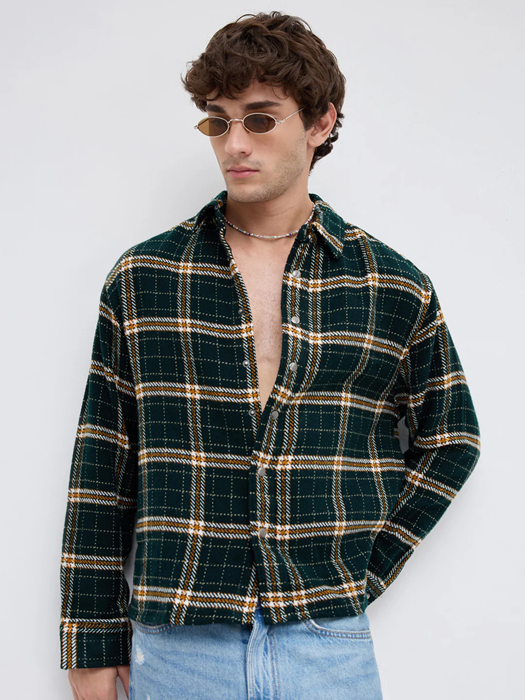 Forest Green Tartan Checked Boxy Fit Crop Flannel Shirt - Image 4