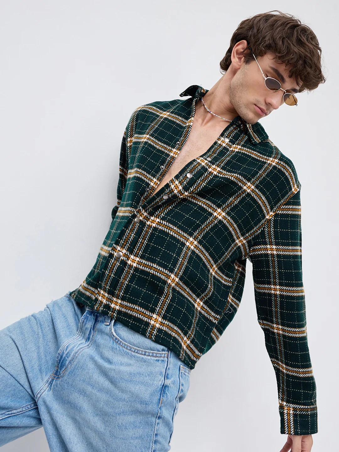 Forest Green Tartan Checked Boxy Fit Crop Flannel Shirt - Image 5