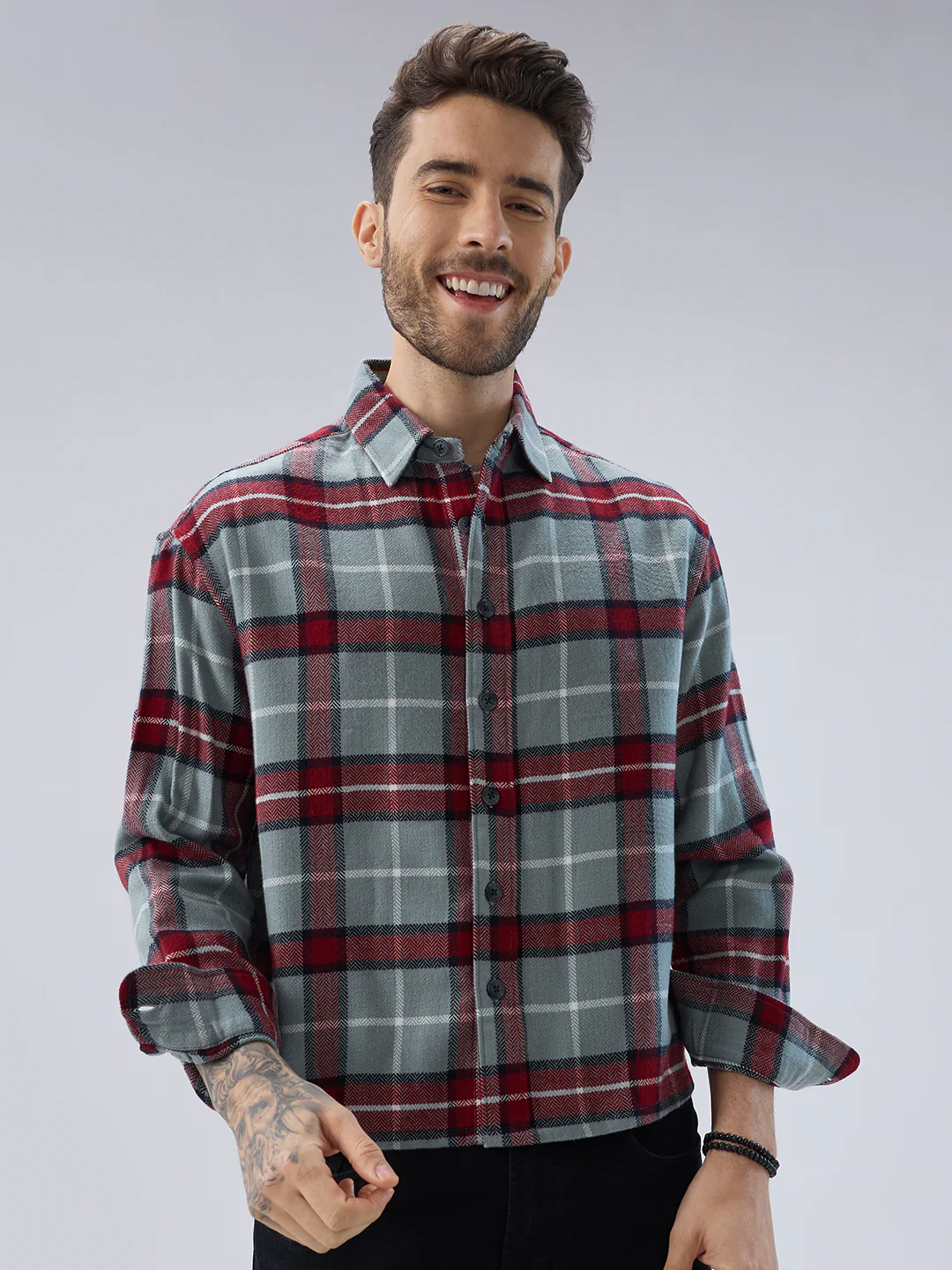 Forest Mist Rust Checks Boxy Fit Cropped Flannel Shirt - Image 4