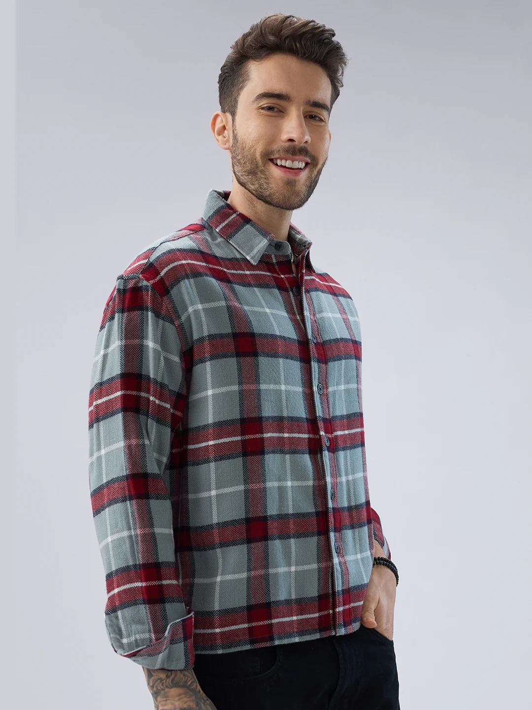 Forest Mist Rust Checks Boxy Fit Cropped Flannel Shirt - Image 5