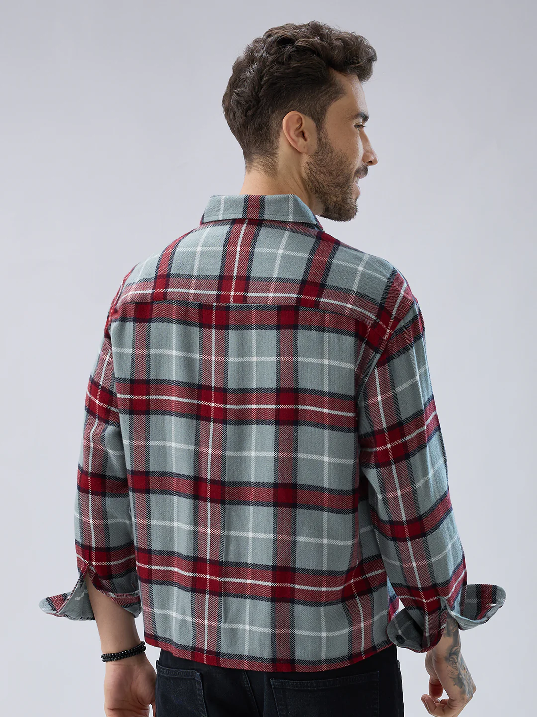 Forest Mist Rust Checks Boxy Fit Cropped Flannel Shirt - Image 7