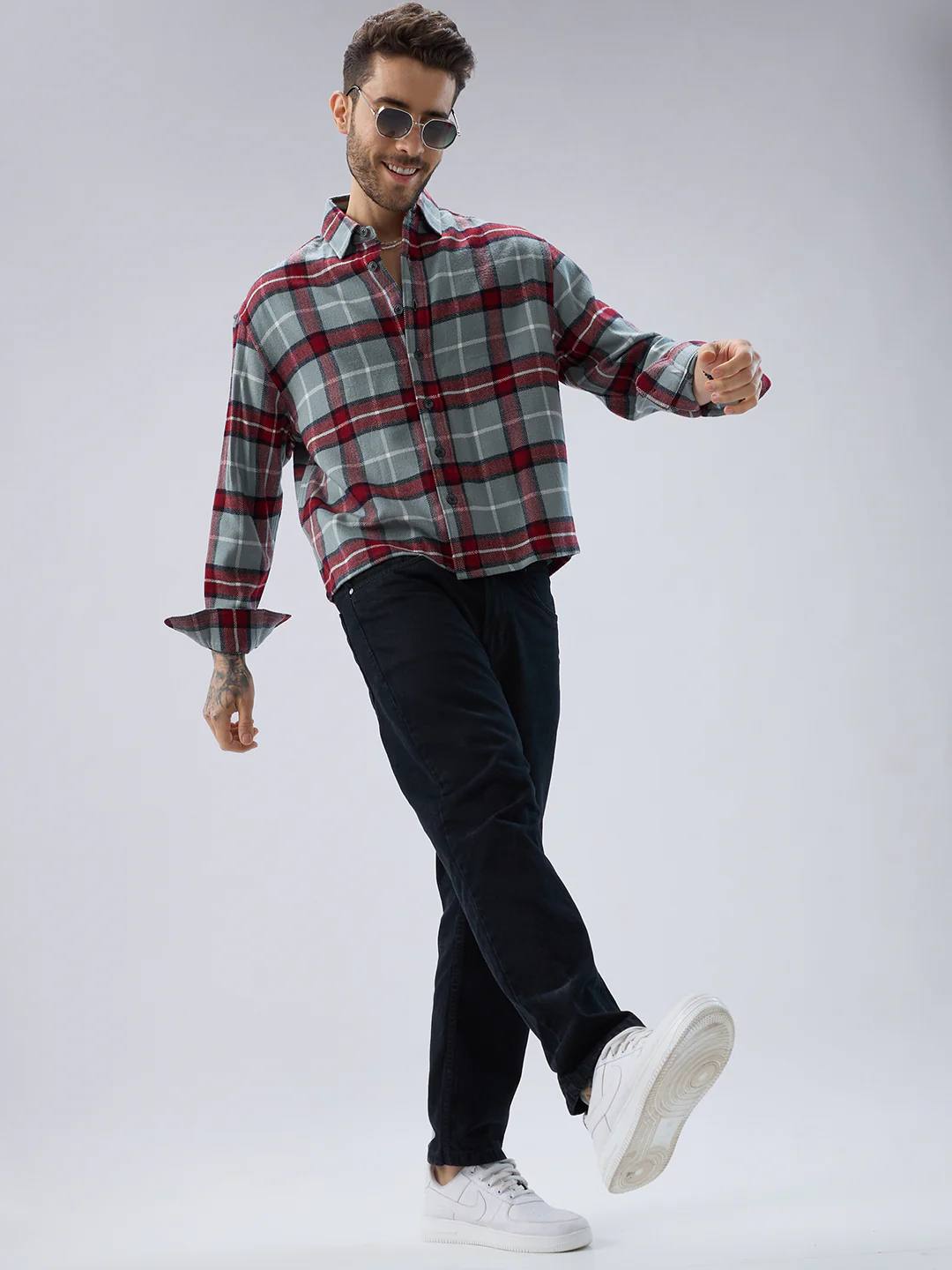 Forest Mist Rust Checks Boxy Fit Cropped Flannel Shirt - Image 8