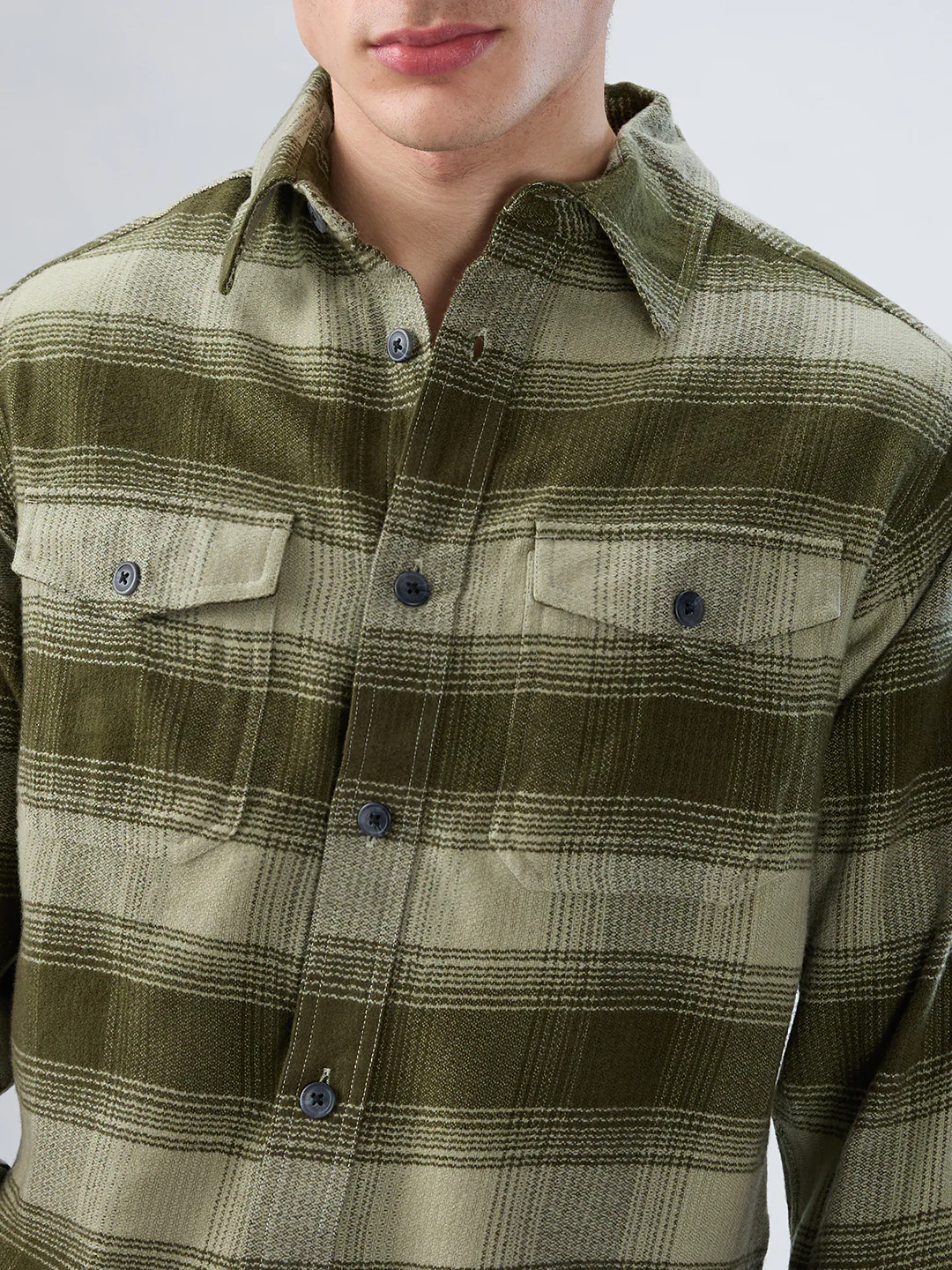 Forest Olive Grid Double Pocket Flannel Shirt - Image 3