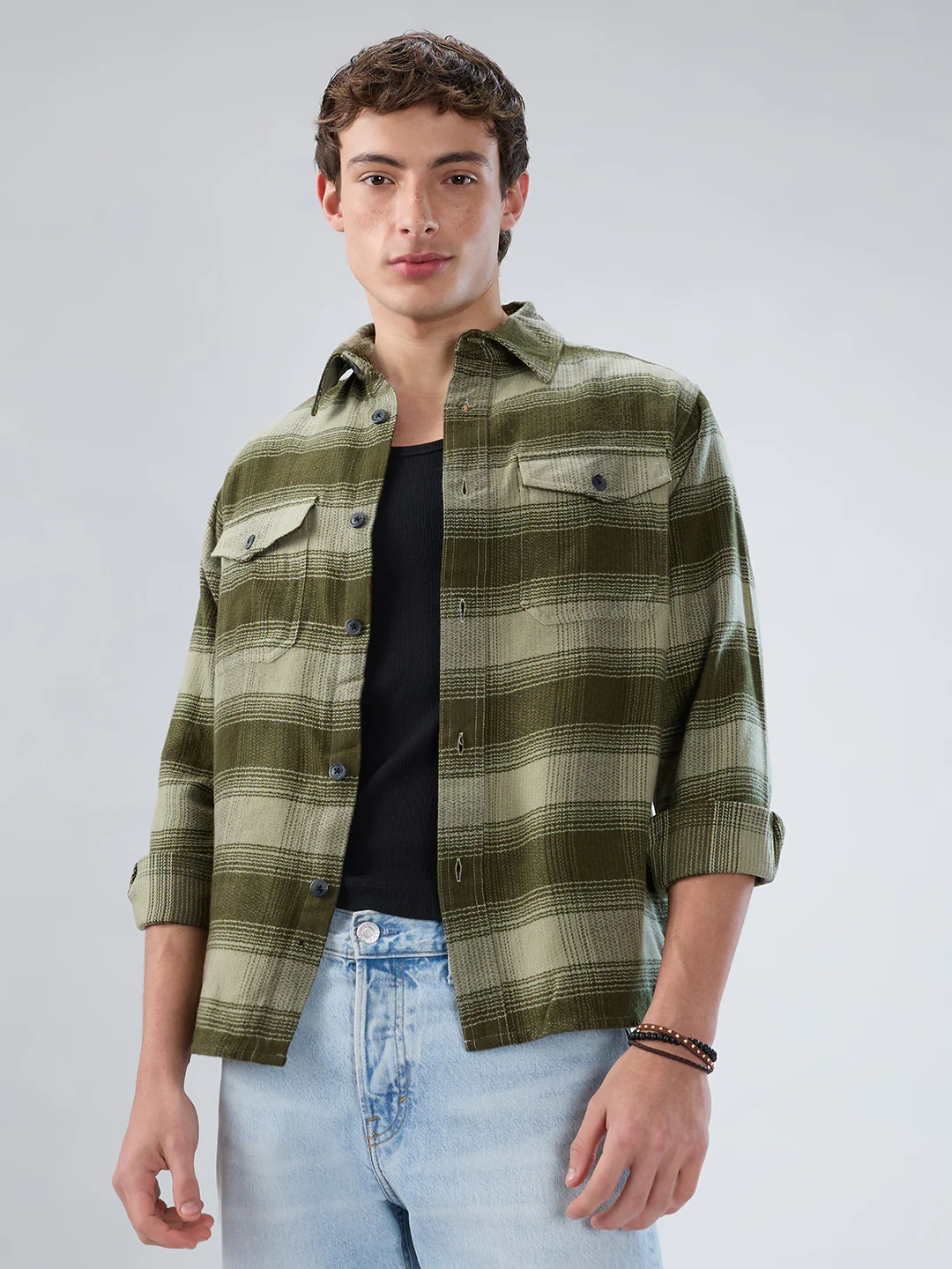 Forest Olive Grid Double Pocket Flannel Shirt - Image 4