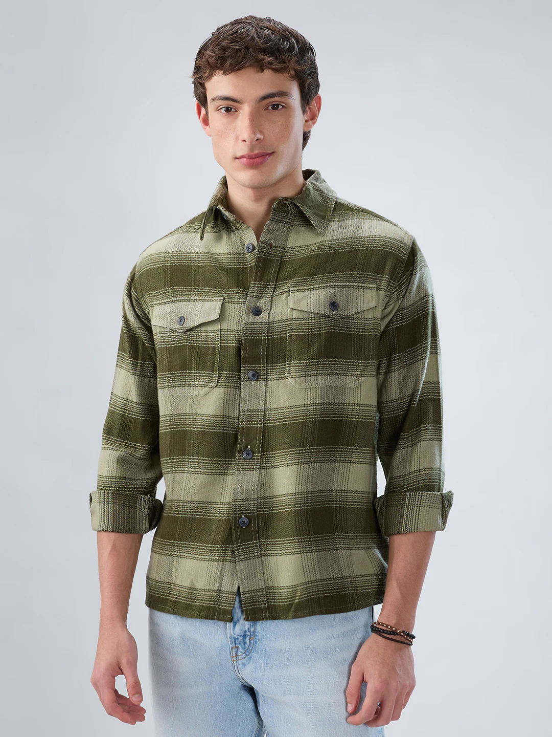 Forest Olive Grid Double Pocket Flannel Shirt - Image 5