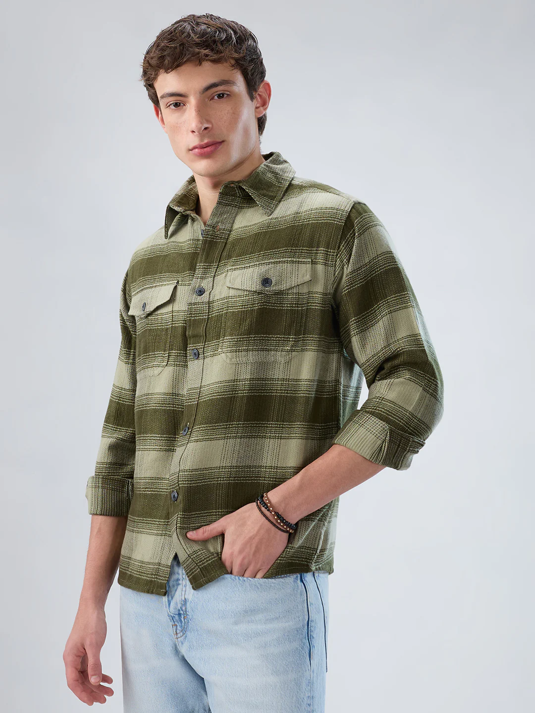 Forest Olive Grid Double Pocket Flannel Shirt - Image 6