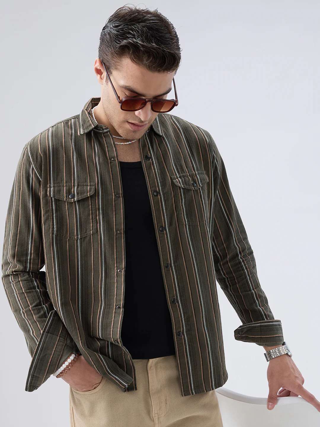 Forest Vibe Multi-Stripe Olive Twin Pocket Corduroy Shirt - Image 2