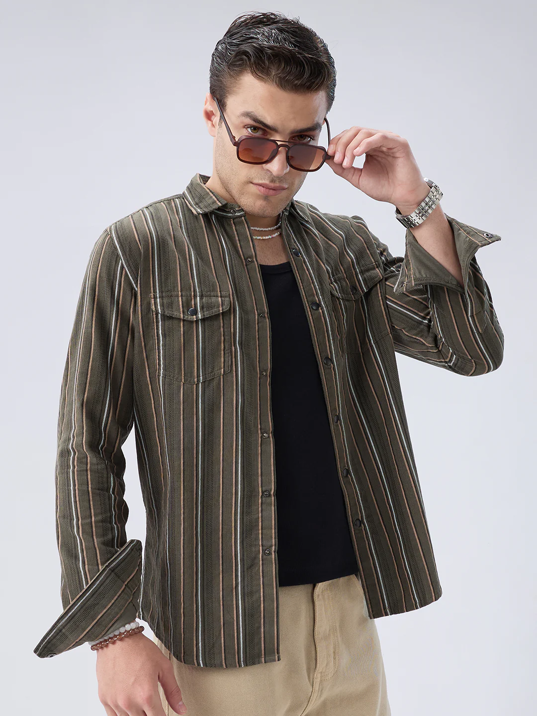 Forest Vibe Multi-Stripe Olive Twin Pocket Corduroy Shirt - Image 4
