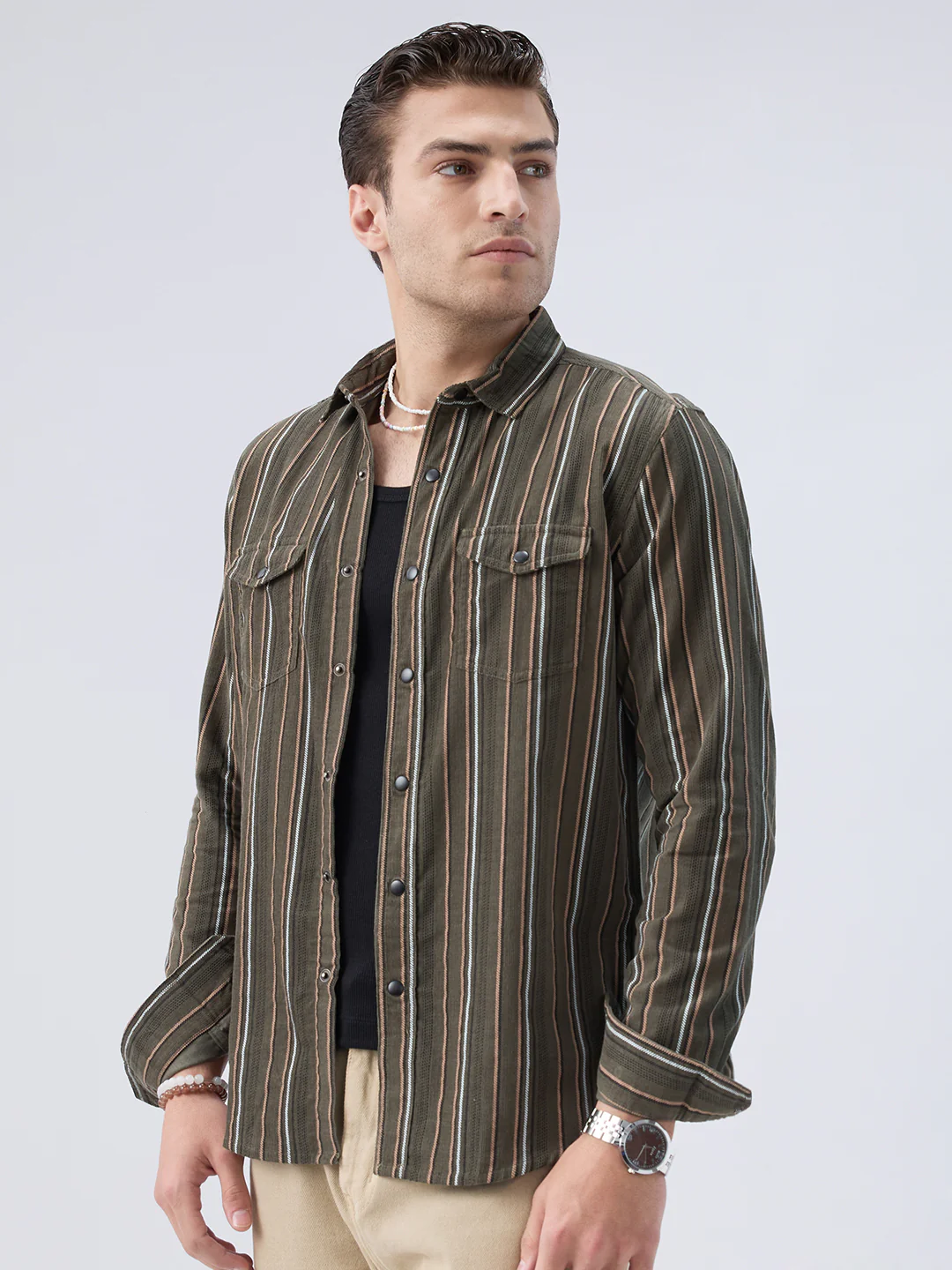 Forest Vibe Multi-Stripe Olive Twin Pocket Corduroy Shirt - Image 5