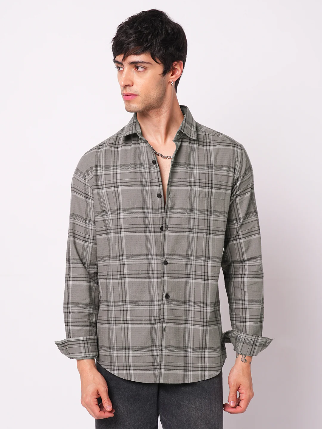 Fossil Grey & Black Tartanique Checkered Textured Shirt - Image 5