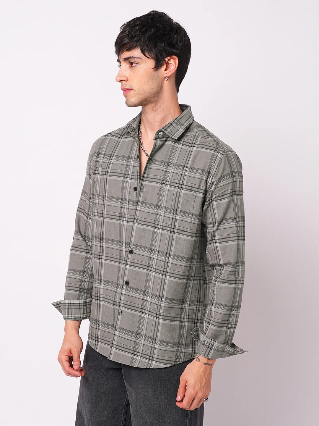 Fossil Grey & Black Tartanique Checkered Textured Shirt - Image 6