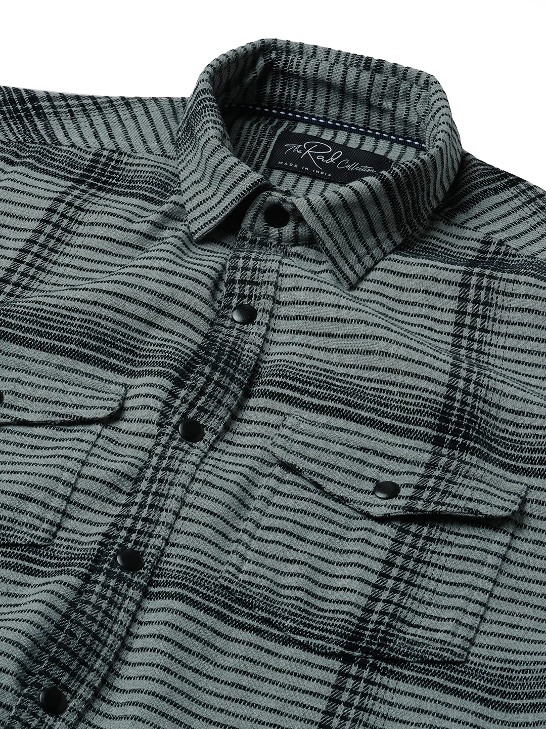 Fossil Grey Checked Double Flap Pocket Textured Overshirt - Image 3