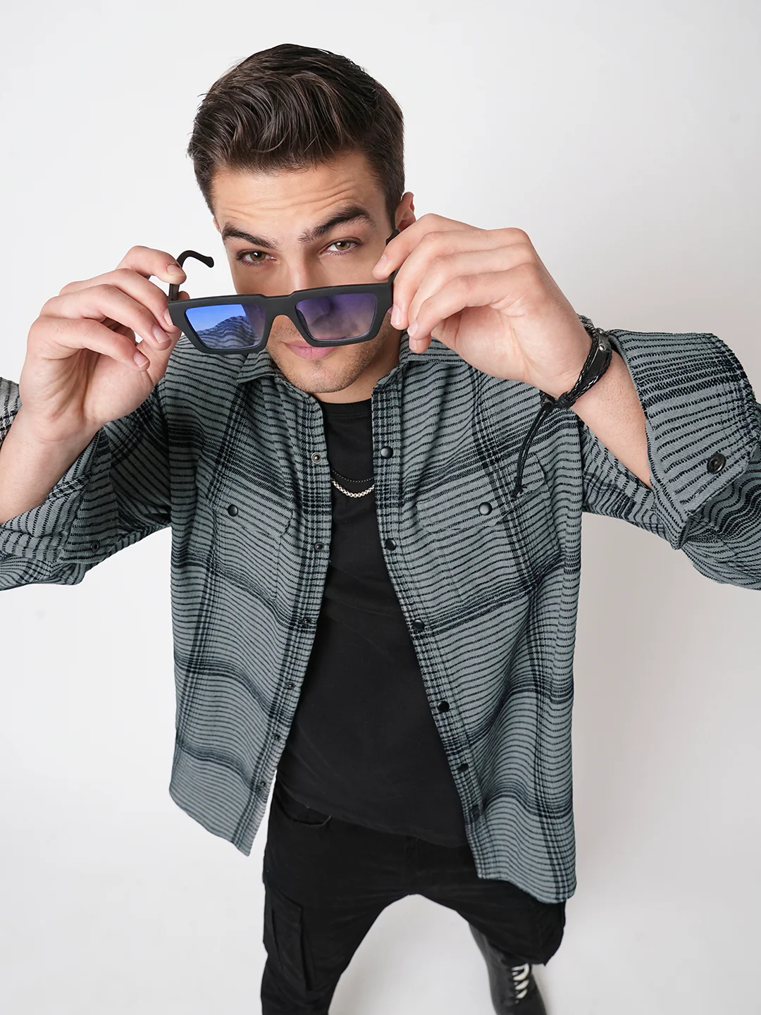 Fossil Grey Checked Double Flap Pocket Textured Overshirt - Image 4