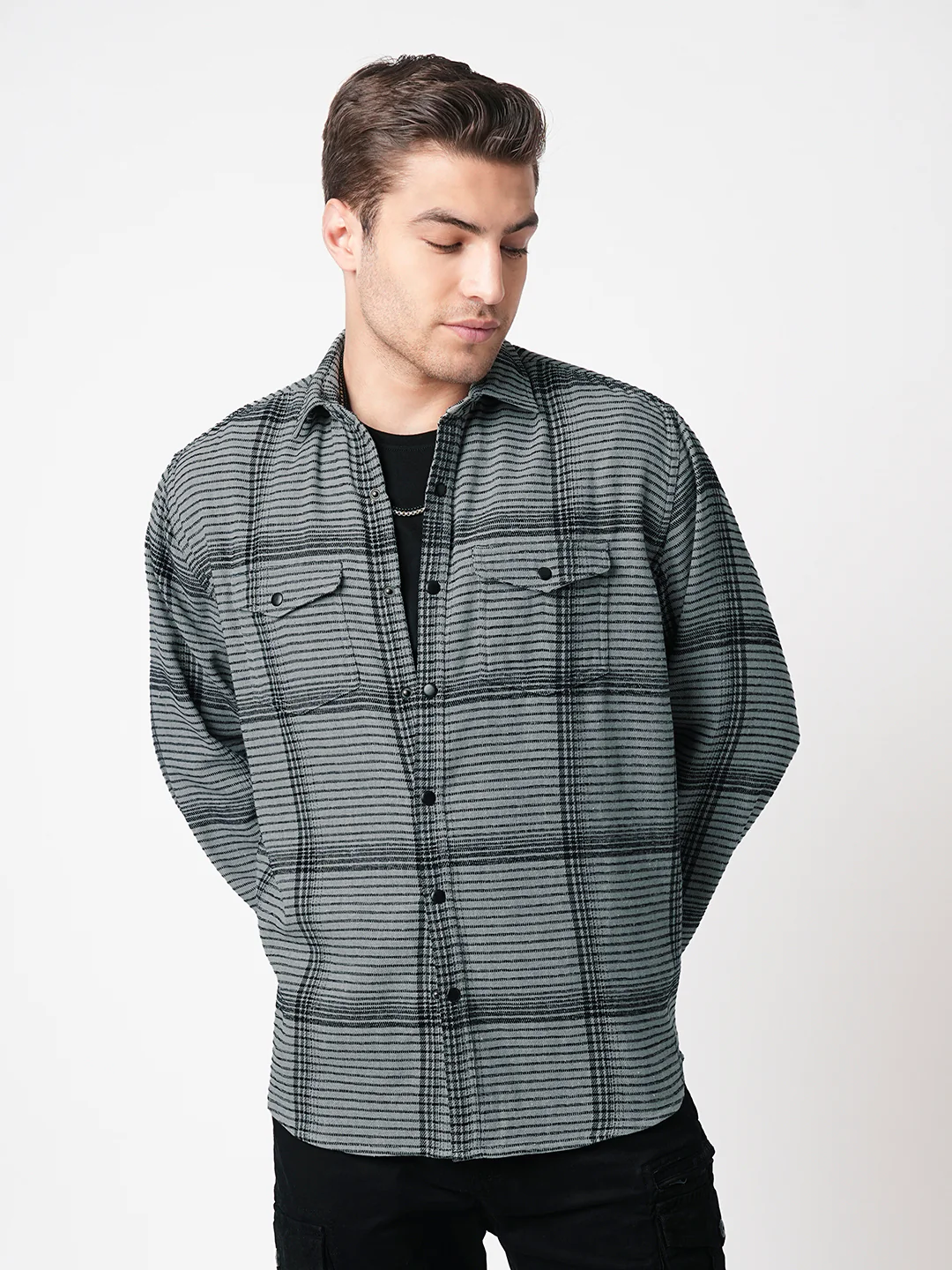 Fossil Grey Checked Double Flap Pocket Textured Overshirt - Image 5