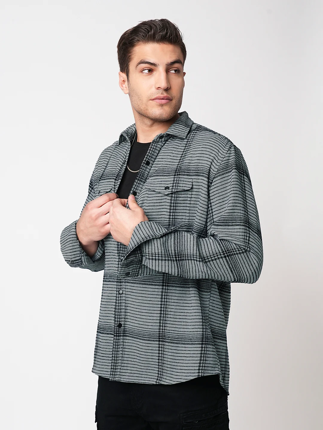 Fossil Grey Checked Double Flap Pocket Textured Overshirt - Image 6
