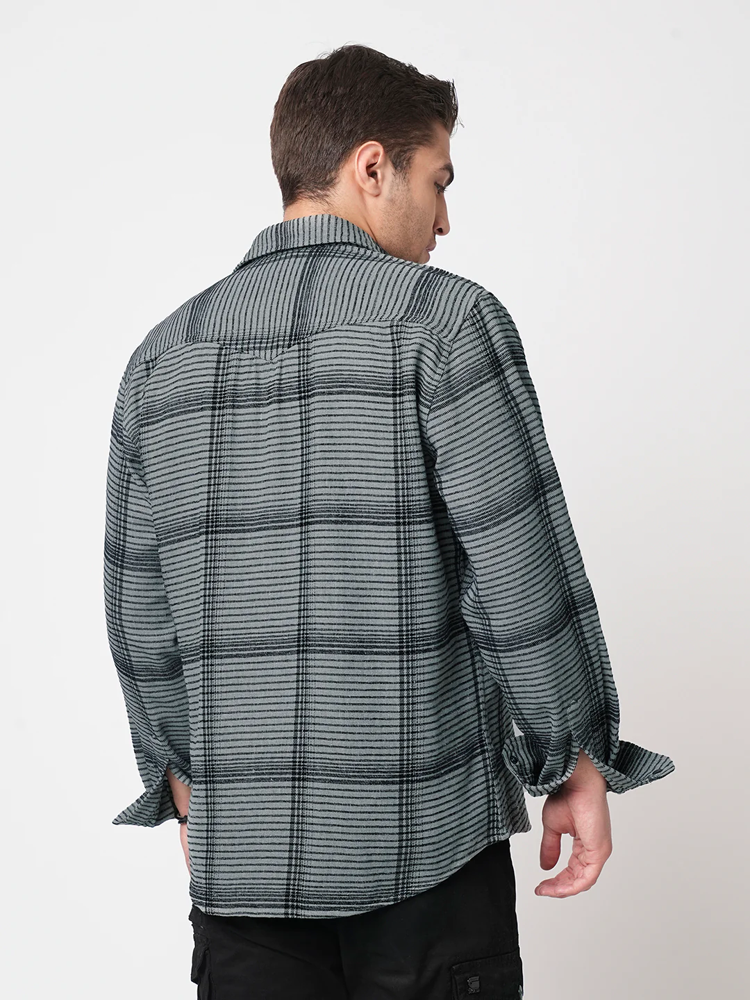 Fossil Grey Checked Double Flap Pocket Textured Overshirt - Image 7