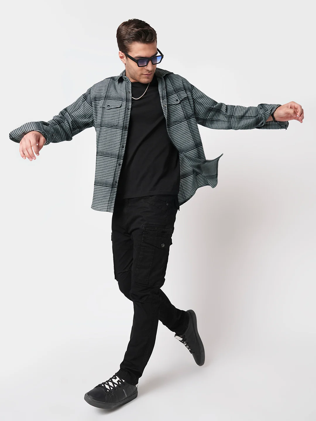 Fossil Grey Checked Double Flap Pocket Textured Overshirt - Image 8