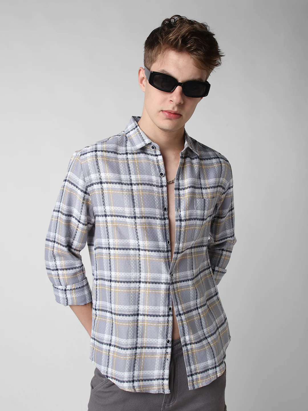 Fossil Grey Diamond Jacquard Checkered Shirt - Image 4