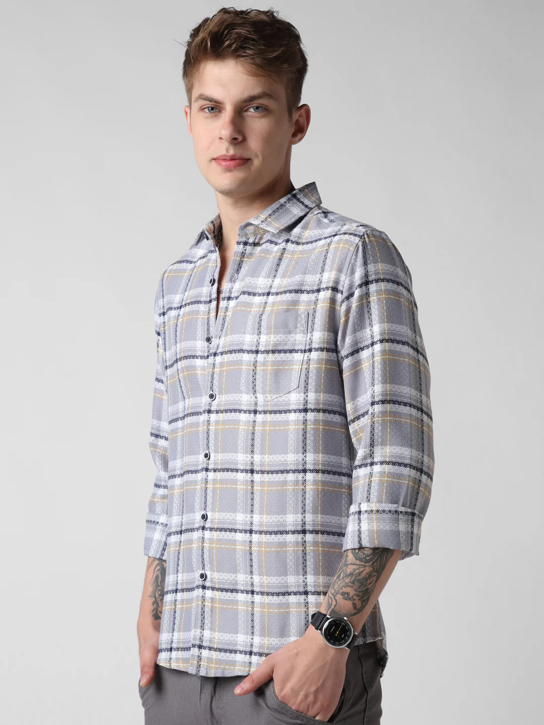 Fossil Grey Diamond Jacquard Checkered Shirt - Image 6