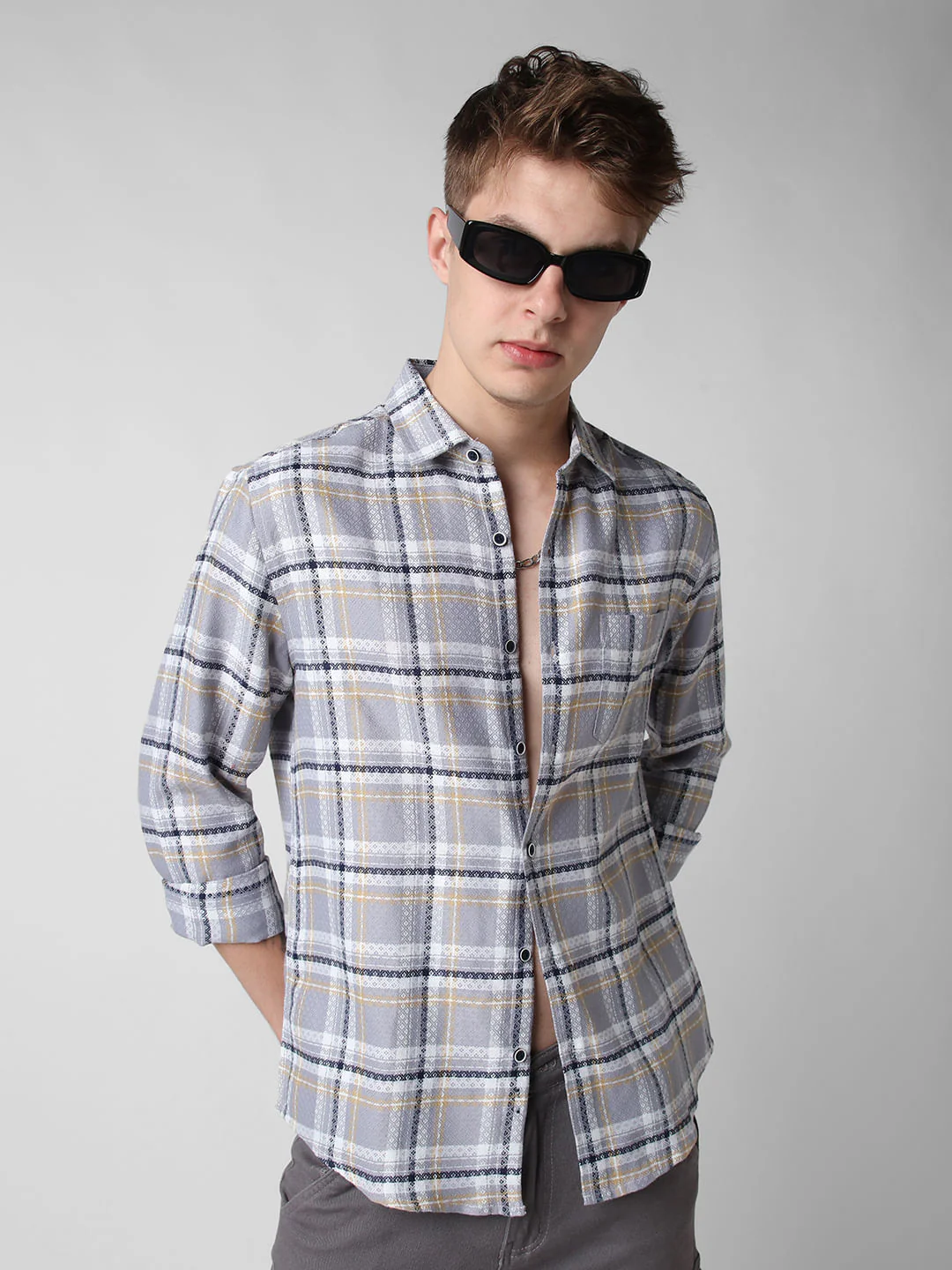 Fossil Grey Jacquard Checkered Shirt - Image 4