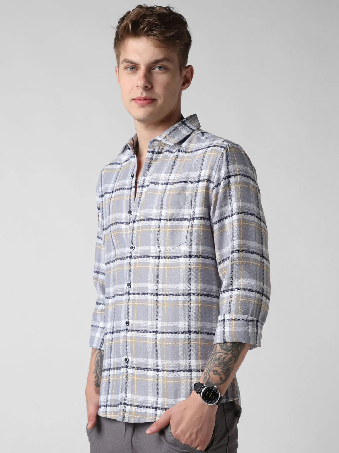 Fossil Grey Jacquard Checkered Shirt - Image 6