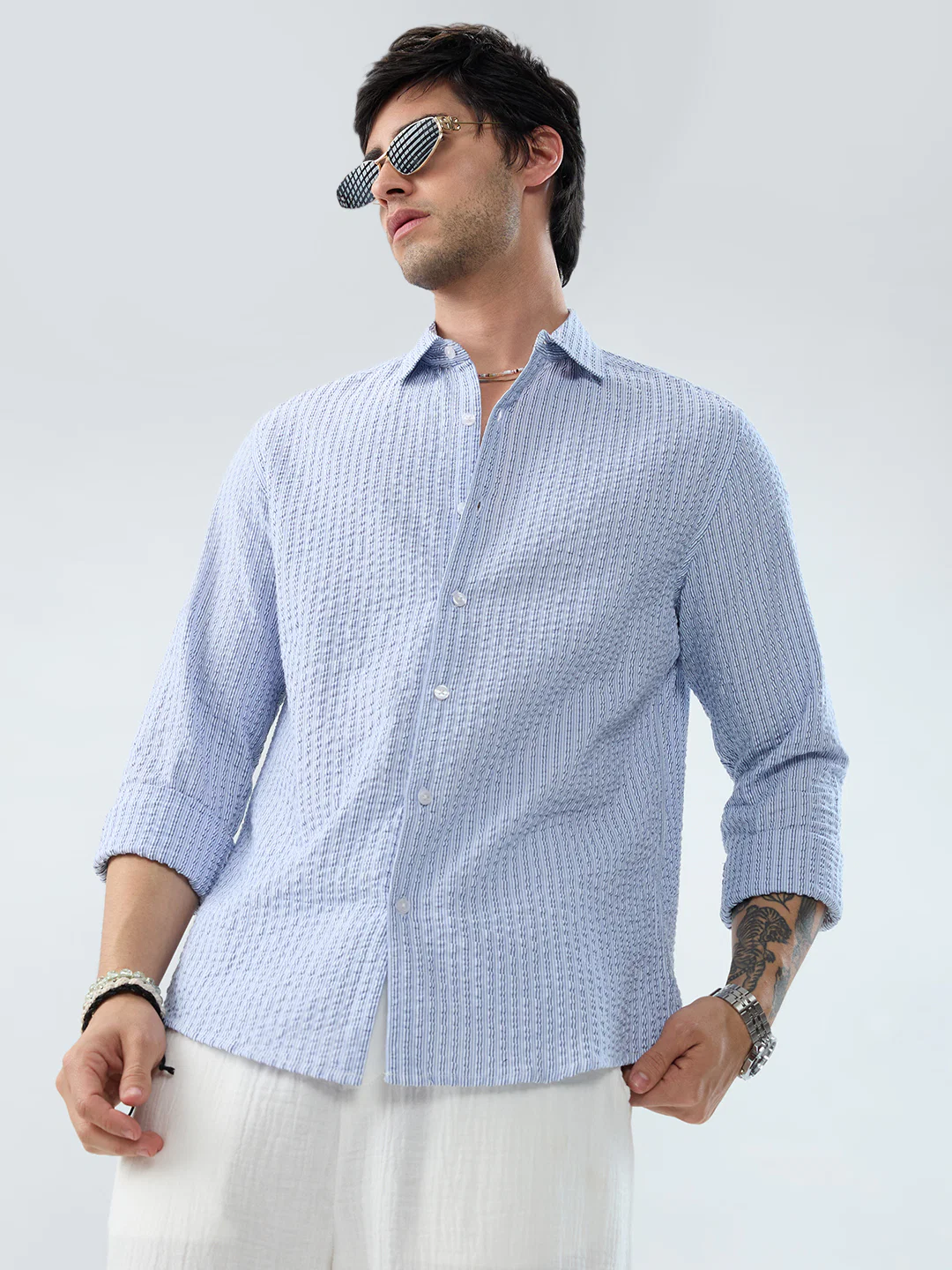 Frost White Azure Fine Striped Seersucker Shirt - Image 4