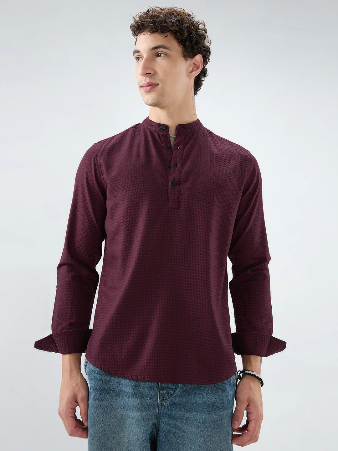 Garnet Red Wavey Textured Kurta - Image 5