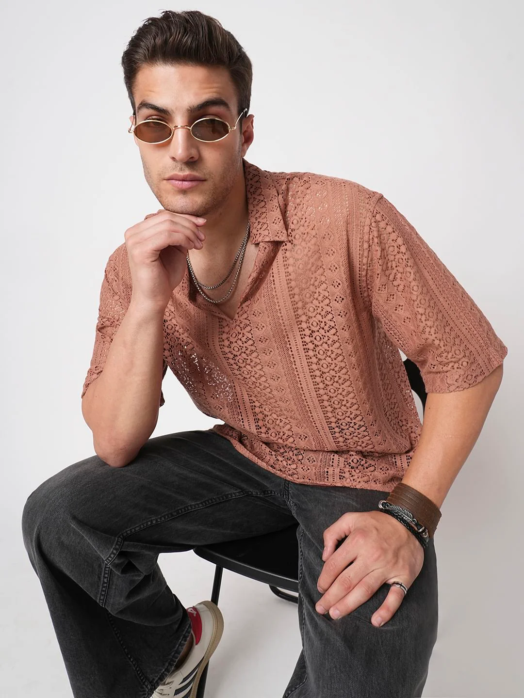 Georgia Peach Crochet Oversized Polo Shirt - Image 2