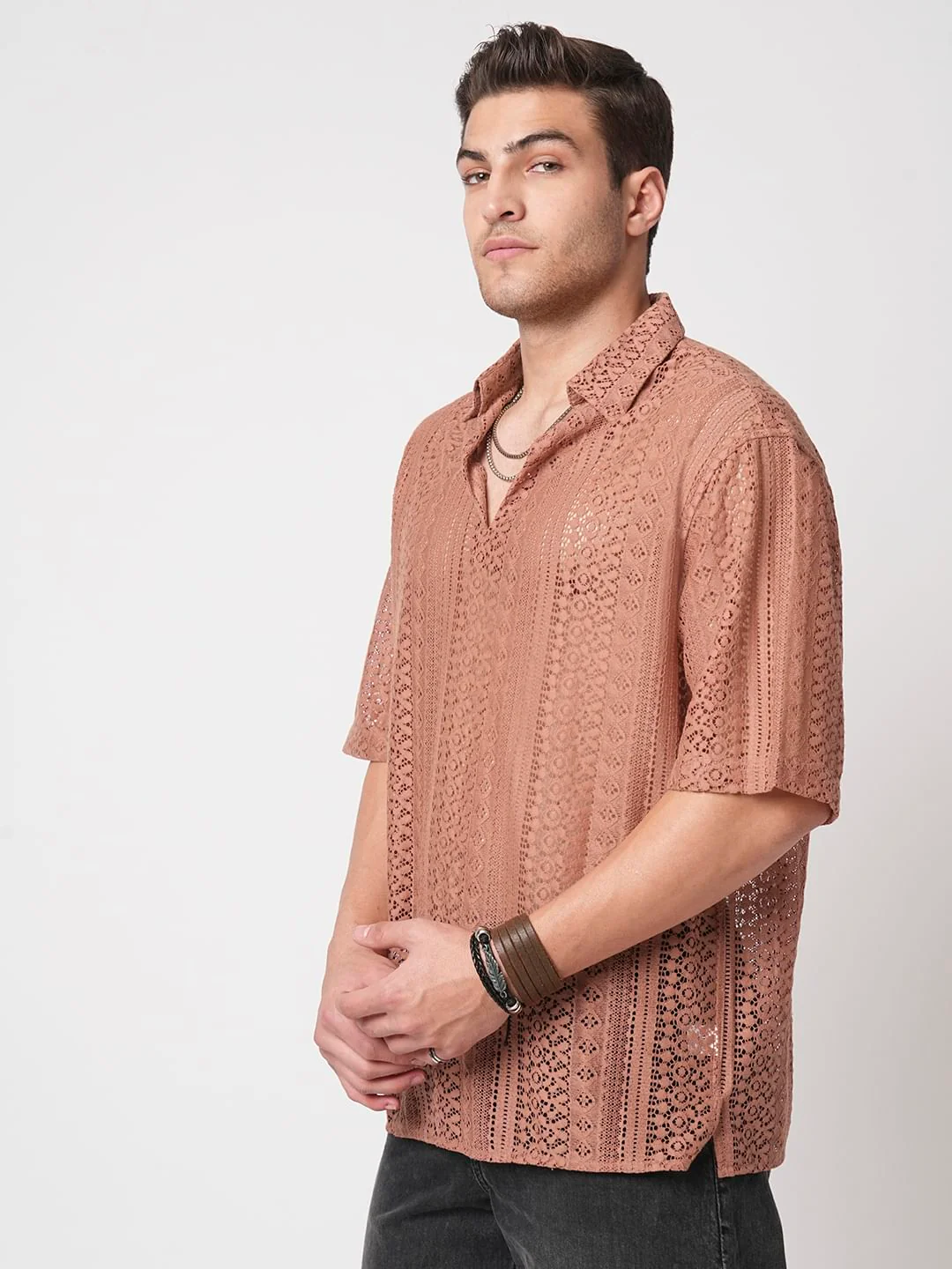 Georgia Peach Crochet Oversized Polo Shirt - Image 6